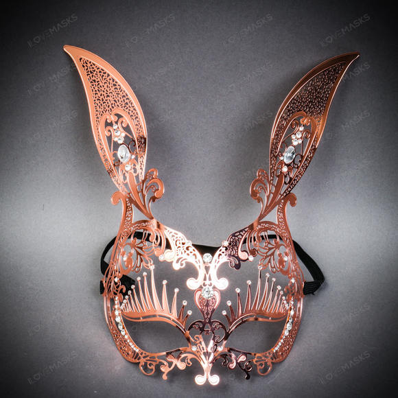 Bunny Rabbit Metal Laser Cut Silver Rhinestones Masquerade Mask - Rose Gold - Picture 1 of 5